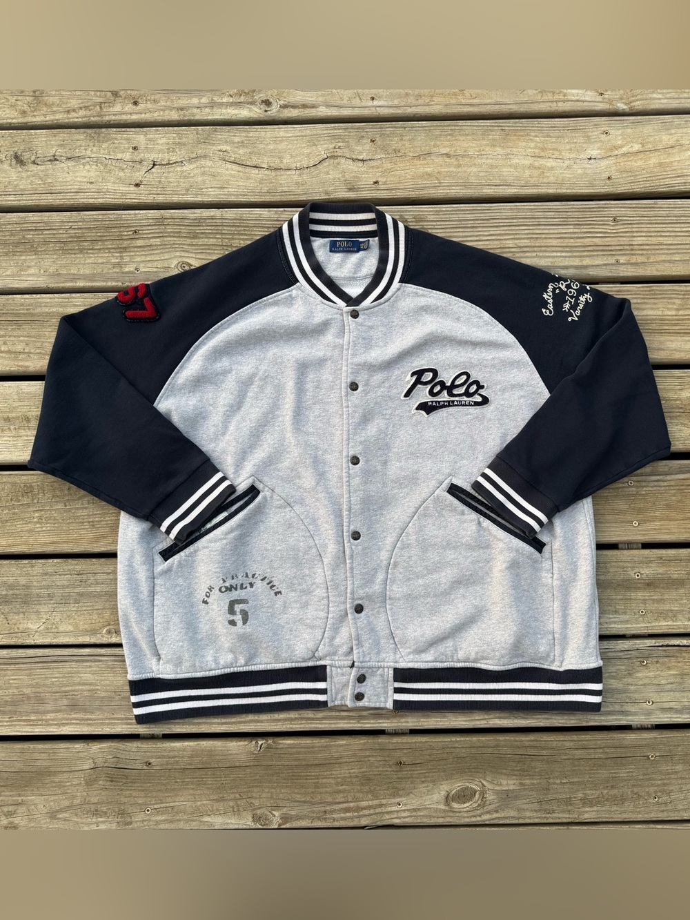 Polo Ralph Lauren Grey & Navy Blue Varsity Style Button Up Sweater Size 4XB